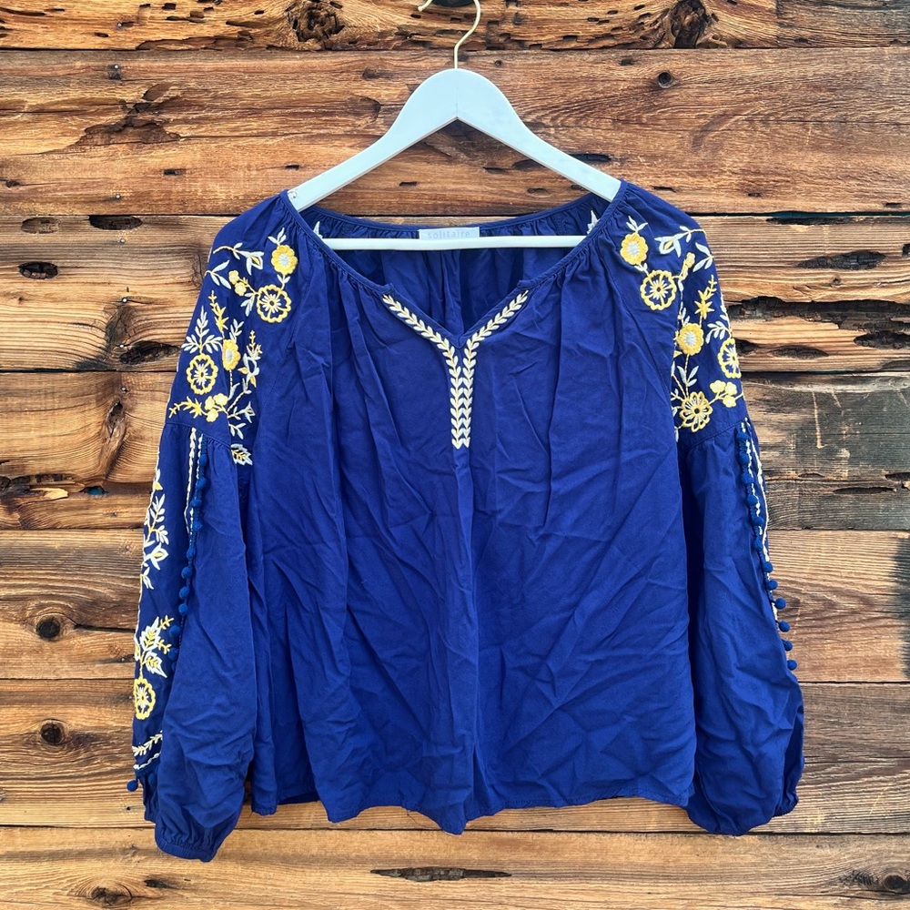 SOLITAIRE | Dark Blue Embroidered Long Sleeve Blouse M